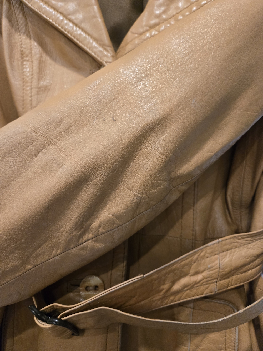 Vintage 1970s Genuine Leather Trench Coat Removable Shearling Collar Belted Boho - Picture 8 of 14
